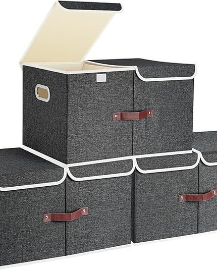 TYEERS Extra Large Collapsible Storage Bins with Lids and Compartments, Washable, Fabric Storage Boxes, 21.7x13x11.8 inches, 3 Pack, Black