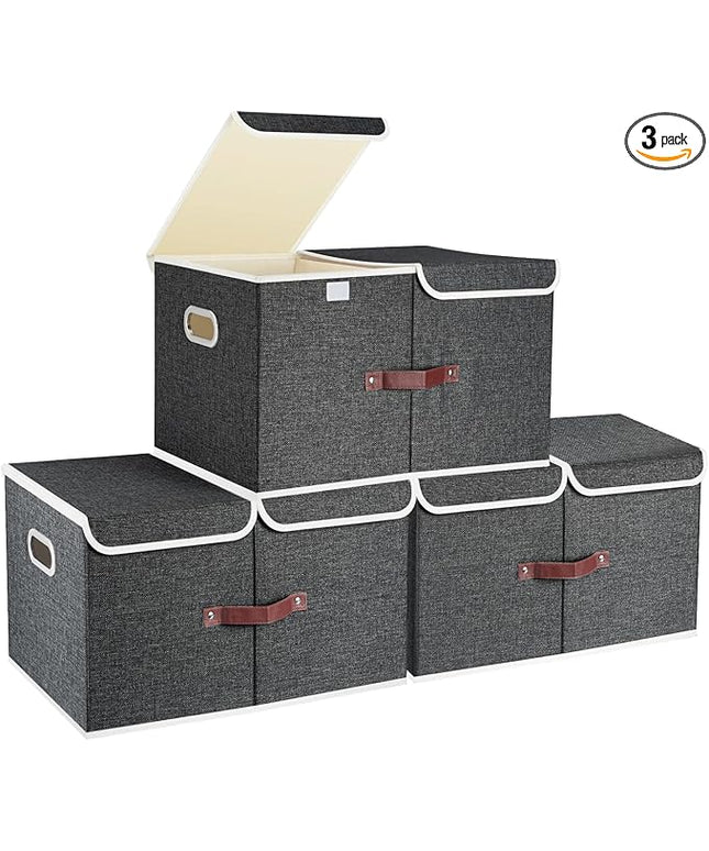 TYEERS Extra Large Collapsible Storage Bins with Lids and Compartments, Washable, Fabric Storage Boxes, 21.7x13x11.8 inches, 3 Pack, Black