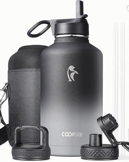 Half Gallon Insulated Water Bottle with Straw & 3 Lids, Coolflask 64 oz Water Jug Large Metal Stainless Steel Wide Mouth for Sports, Gym or Office, Non-BPA Keep Cold 48H Hot 24H, Piano Night