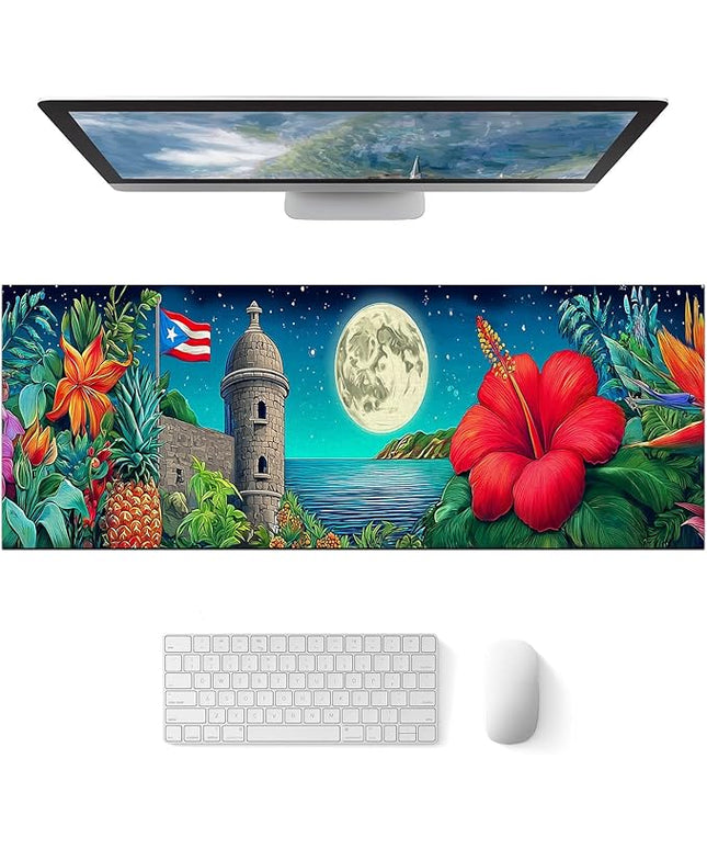 Large Mouse Pad Gaming Mousepad 31.5 x 11.8 Inch Keyboard Desktop Mat Diatomite XL Mouse Pad for Home and Office Desk Accessories with Tropical Coast Moonlight Floral Artwork