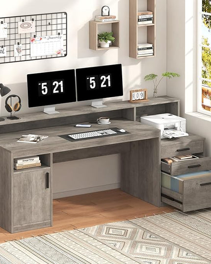 Executive Computer Desk with 3 Drawers & Storage Shelves, 65 Inch Home Office Desk with File Drawer & Cabinet, Writing Study Desks with Monitor Stand & Printer Shelf, Executive Desk, Grey
