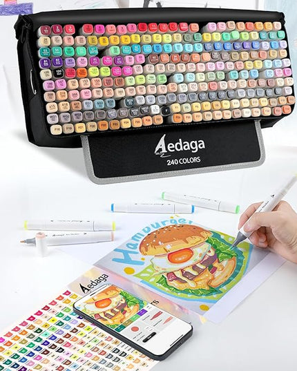 YHC 240 Colors Alcohol Markers for Artists, Free APP for Coloring, Dual Tips Alcohol-Based Markers for Drawing,Painting and Sketching, Great Gift Idea for Adults