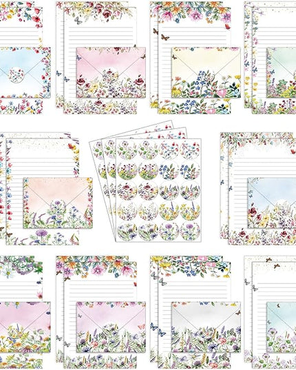 TaoBary 160 Pcs Stationery Paper Set 50 Double Sided Stationery Papers with 50 Matching Envelopes and 60 Round Dot Sticker, 10 Design(Wildflower,8.5 x 11 Inch)