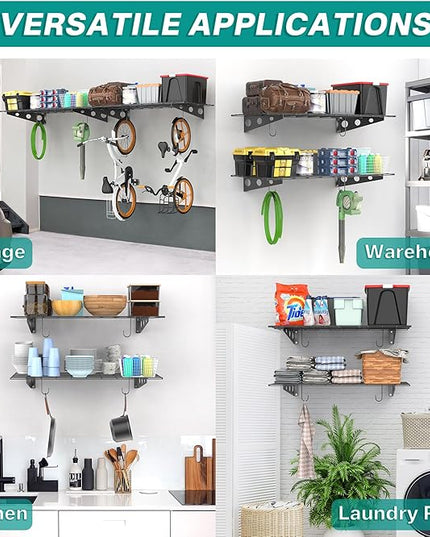 EVERHANGER Wall Mounted Garage Wall Shelves, 2 x 4 ft Metal Storage Shelves, Heavy Duty Wall Shelving with Hooks, Holds Up to 220 Lbs, Black