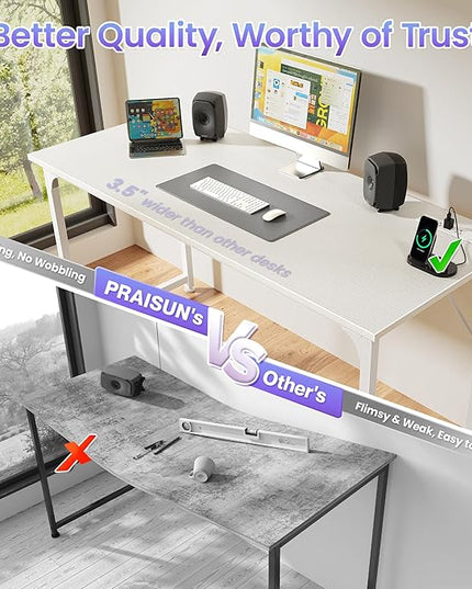 PRAISUN 54 X 20 Inch Office Computer Desk with Power Outlets and USB-C Port, Larger and Longer Gaming Desk, for Home Office, Study, Bedroom, Writing Work from Home Table, Metal Frame, White