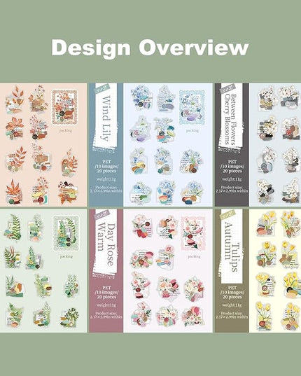 AuriicLeaf Vintage Botanical PET Sticker Set, 120PCS Floral and Leaf Ephemera Stickers for Journaling, Scrapbooking, DIY Crafts, and Art Projects