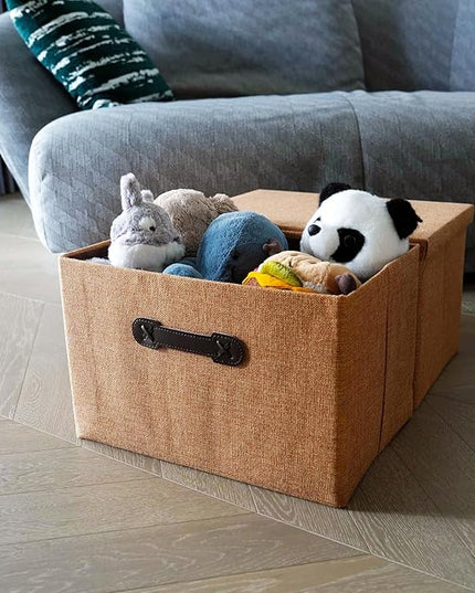 Enzk&Unity Decorative Storage Bins with Lids, Fabric Linen Foldable Storage Box with Handle Home Organizer for Shelf, Closet, Bedroom, Living Room, Office, 3 Packs, Brown