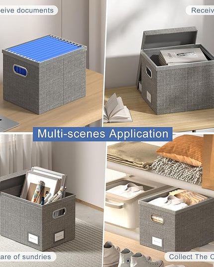 File Organizer Box - File Boxes for Hanging Files with Lid Set of 4 Decorative Hanging Folders Organizer with One-Piece Plastic Frame Slides (Grey, 13.2 * 10.1 * 10.1in(4Pack))