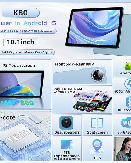 Android 15 Tablet 10 inch,24GB RAM 128 ROM,Tablets with Keyboard Case Mouse Stylus,1TB Expandable,Octa-Core 6000mAh 1280x800 IPS HD,5G WiFi,T615 CPU,High Performance,Processor,Dual Camera(Blue)