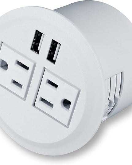 Desktop Power Grommet Power Outlet Socket Desk Data Center 2 Outlet with 2 USB Ports with 10 FT Extension Cord(White)