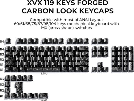 XVX Black Keycaps, Forged Carbon-Look Cherry Profile Keycap Set, 119-Key Keyboard Keycaps Compatibility with ANSI Layout MX Switches Mechanical Keyboard