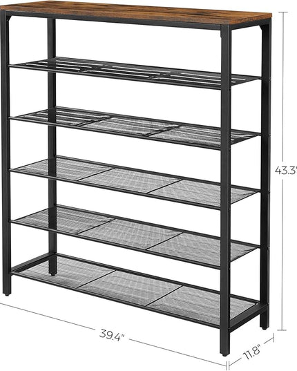 VASAGLE 6-Tier Shoe Rack, Shoe Organizer for Closet, Entryway, 24-30 Pairs of Shoes, Large Shoe Rack Organizer with 5 Metal Mesh Shelves, 11.8 x 39.4 x 43.3 Inches, Rustic Brown and Black ULBS016B01