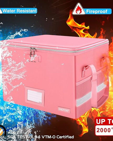 ENGPOW File Box with Lock, Fireproof Document Box with Zipper＆Pockets, Collapsible File Organizer Filing Storage Cabinet with Handle, Portable Home Office Safe for Hanging Letter/Legal Folder, Pink