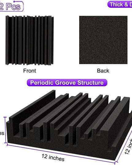 TroyStudio Thick Acoustic Foam Panels, 12 X 12 X 2 Inch 12 Pcs Broadband Sound Absorbing Foam, Dense Soundproof Padding Tile, Recording Studio Foam Absorber, Groove Decorative 3D Wall Ceiling Panel