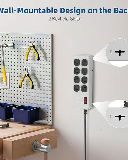 Heavy Duty Power Strip,Industrial Heavy Metal Case Surge Protector,8 AC Outlets,15Amp,2700 Joules,Protected' Indicator,14 Gauge Cord (Grey, 10FT Length)