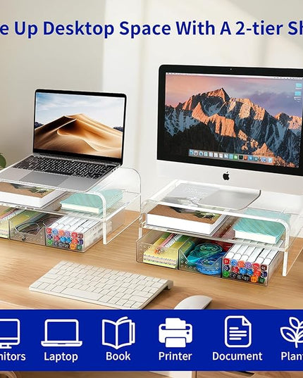 OPNICE Acrylic Clear Desk Organizers and Accessories, 2-Tier Computer Monitor Stand Riser with Drawer, Laptop Stand, Office Desk Accessories for Office Supplies, Transparent
