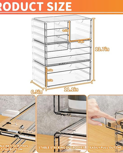 Yieach 3Pack Clear Drawer Organizers Stackable,Acrylic Storage Drawers With 10 Drawers,Multipurpose Office Supply Organizer and Makeup Organizer for Beauty,Craft,Pen,Medical,Stationary Desk Organizers