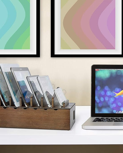 Prosumer's Choice Multi Device Charging Station Wood - Desktop Organizer with Holder for Multiple Phones - Elegant Wooden Desk Accessories - 6 Device Charging Station for Work from Home and Office