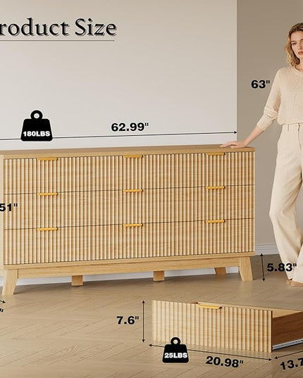 BORNOON 63" Long Dresser for Bedroom, 9-Drawer Fluted Dresser, Extra-Wide Wood Chest of Drawers with Smooth Metal Slides, Stable Base, Modern Clothes Storage Cabinet for Living Room, Hallway, Nursery