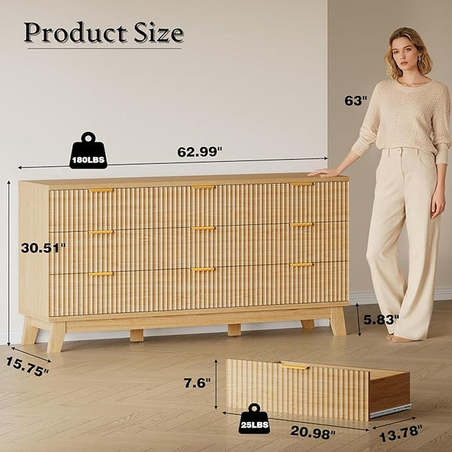 BORNOON 63" Long Dresser for Bedroom, 9-Drawer Fluted Dresser, Extra-Wide Wood Chest of Drawers with Smooth Metal Slides, Stable Base, Modern Clothes Storage Cabinet for Living Room, Hallway, Nursery