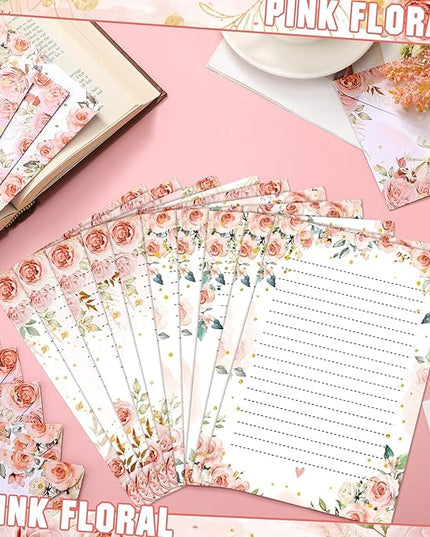 TaoBary 160 Pcs Stationery Paper Set 50 Double Sided Stationery Papers with 50 Matching Envelopes and 60 Round Dot Sticker, 10 Design(Pink Floral,5.5 x 8.25 Inch)