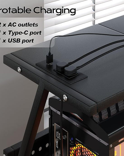 24In Large PC Stand, 5 Levels Height Adjustable Computer Tower Stand with Charging Station, Wheels and Hooks, CPU Holder Cart for Floor, Carpet and Under Desk, Easy Assembly（with Power Strips）