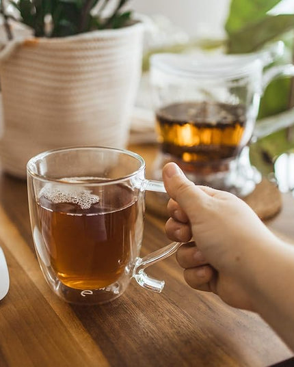 GROSCHE Aberdeen 34 oz tea pot and bottom dispensing tea steeper and Cyprus Large 16 oz double walled glass mug set