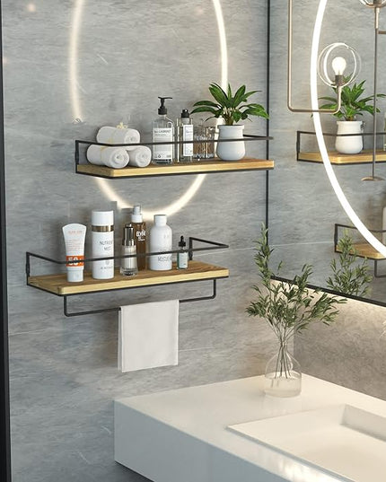 ZGO Floating Shelves for Wall Set of 2, Wall Mounted Storage Shelves with Metal Frame and Towel Rack for Bathroom, Kitchen, Bedroom(Wood)