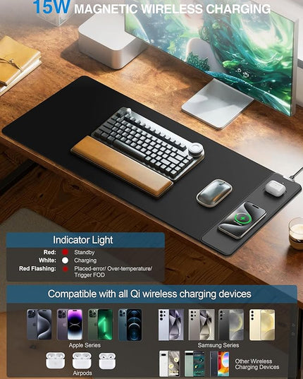 TopMade Mouse Pad with 15W Wireless Charging, Gaming Mousepad Home Office Large Desk Pad with Ultra-Smooth Surface, Non-Slip Base, Waterproof Keyboard Pad, Classic Black Desk Mat