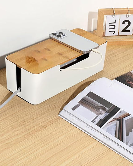 BUYSK ABS Cord Organizer Box with Wooden Lid, Cable Management Box for Power Strips or Surge Protectors, Desk Cable Tidy Box for Office Home(White)
