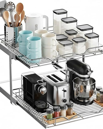 2-Tier Pull-Out Cabinet Organizer with Heavy-Duty Steel Frame, Full-Extension Sliding Shelves, Holds 100 lbs, Easy Install for Kitchen, Pantry & Under Sink Cabinets, 22" W x 21”D x 16.5" H