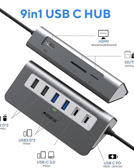 USB C Hub Multiport Adapter,Mosirui 9-in-1 USB-C Docking Station with 4K HDMI,5Gbps Type C 3.0,USB-A3.0/2.0,100W PD, SD/TF for MacBook/Pro iPad/Dell/HP/Desktop/Laptops(1.64 FT)