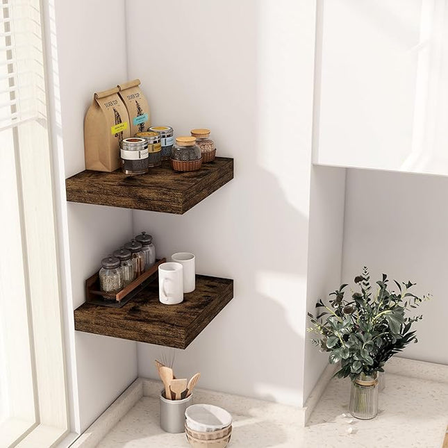Fun Memories 12 Inch Floating Shelf, Rustic Wood Wall Shelves for Wall Decor & Storage, 12 x 12 Floating Shelf for Living Room, Bathroom, Bedroom, Rustic Brown, Set of 2