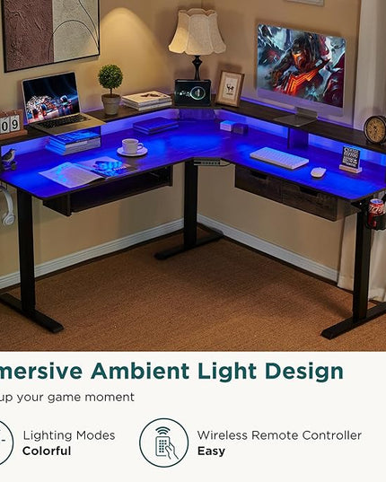 RedLemon L-Shaped Electric Standing Desk, 60 inches Motor Height Adjustable Sit Stand Corner Desk with Led, Large Home Office Desk Computer Workstation, Dark Rustic Oak