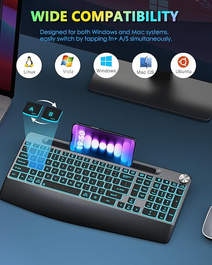 JOYACCESS Ergonomic Wireless Backlit Keyboard with Phone Holder,Rechargeable Wireless Keyboard Mouse Combo with Light Up Keys for for Laptop, PC, Mac, Windows-Grey
