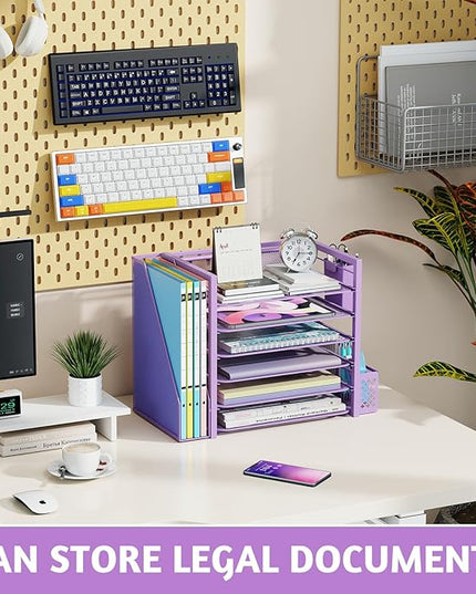 Simple Trending 6 Tier Desk File Organizer, Paper Letter Tray Organizer with File Holder and Pen Container, Purple