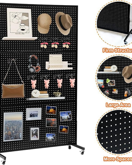3.5'x 6' Pegboard Display Stand with T-Base, Metal Peg Board Organizer Panels Display Rack With Wheel, Standing Pegboard Display, Extra 30 pieces Hooks, Black