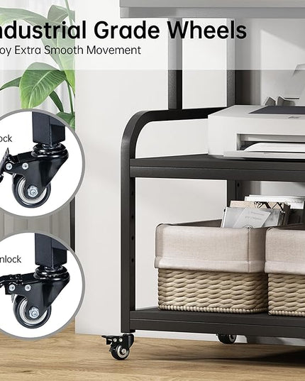 32.3" x 18.9" Extra Large Printer Stand Table with Adjustable Storage Shelf, 3 Tier Rolling Printer Cart with Industrial Wheels for Home Office, Black