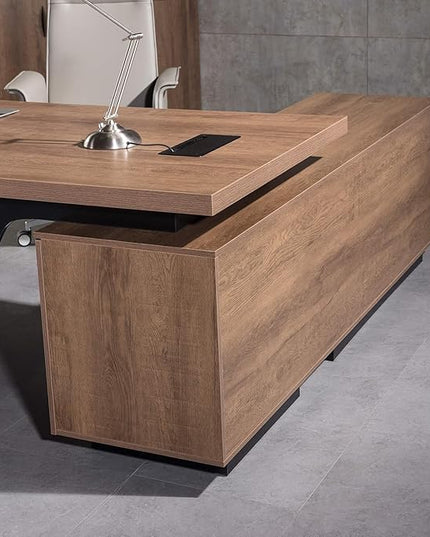 Retractable L-Shaped Executive Desk, Modern Office Desk with Drawers and Lateral File Cabinet, Large Computer Desk with Storage Shelves, Workstation for Home Office (Left Return, 70.86 - 78.7 IN)