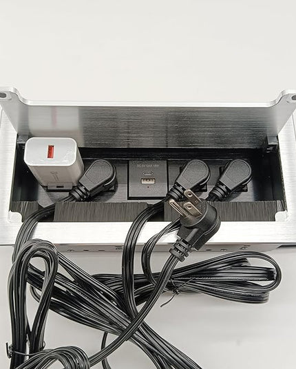 Embedded mesa Power Outlet Box, Table Power Multimedia Connectivity Box for Conference Study Room Home with 4 AC Outlet,USB-C Port Fast Charge 18W Length 4.9FT Power Cable (Brushed Silver)