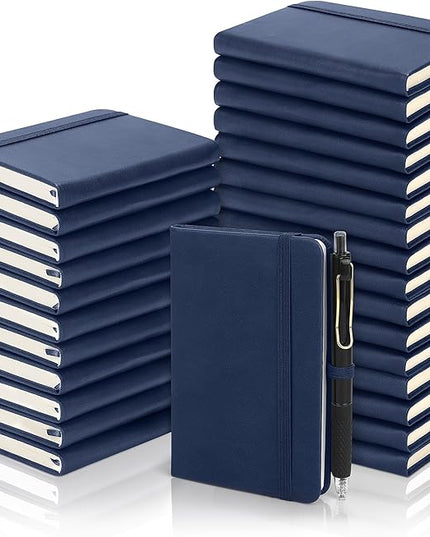 Aodaer 50 Sets Pocket Notebook Journal with Pens, 160 Pages, 3.5 x 5.5 Inch Mini Lined Journal Notebook A6 Leather Hardcover College Ruled Notepad with Pen Holder for School Office Gifts, Navy Blue