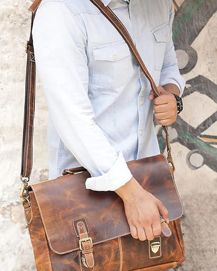 RUSTIC TOWN 16" Leather Laptop Messenger Bag for Men - Full Grain Leather Briefcase Computer Satchel Office Crossbody Bag