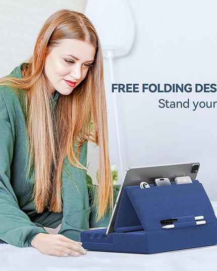 KDD Tablet Pillow Holder, Foldable iPad Stand for Lap, Bed and Desk -Tablet Soft Pad Dock with Pocket & Stylus Mount Compatible with iPad Pro 12.9, 10.5, 9.7 Air Mini 6 5 4 3, Galaxy Tab,E-Reader