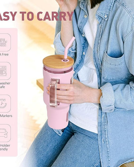 Glass Tumbler with Straw and Lid, 40 oz glass cup with handle, Glass Water Bottles with Time Marker, Silicone Protective Sleeve-Pink