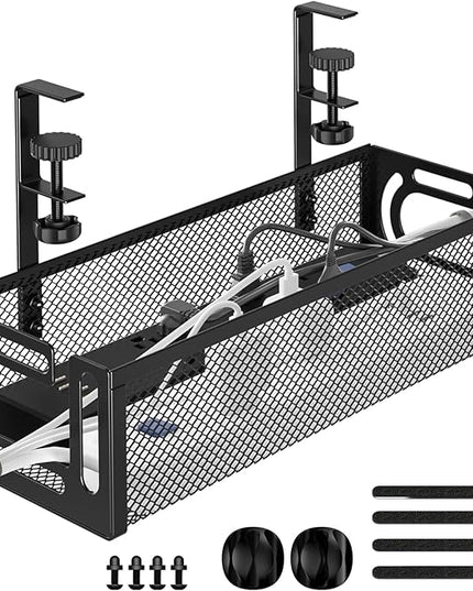 Under Desk Cable Management Tray, 15.7'' No Drill Steel Desk Cable Organizers, Wire Management Tray Cable Management Rack (1 Pack-Black)