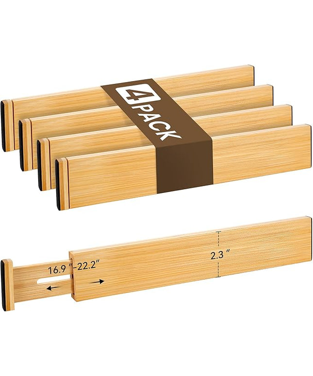 Bamboo Drawer Divider Set of 4, Adjustable Spring-Loaded Drawer Organizer (16.9"-22.2"), 2.3" Height, Suitable for Kitchen, Desk, Bathroom, Clothing, and Miscellaneous Drawer Organization, Natural