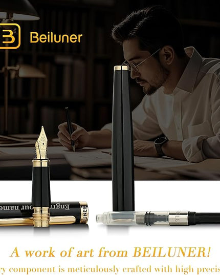BEILUNER Black Personalized Fountain Pen,Stunning Luxury Lacquer,24K Gilded Nib(Fine),Gorgeous 24K Gold Finish, Ink Converter,Fancy Office Gift for Men&Women-Elegant, Graduation,Nice Pens for Writing