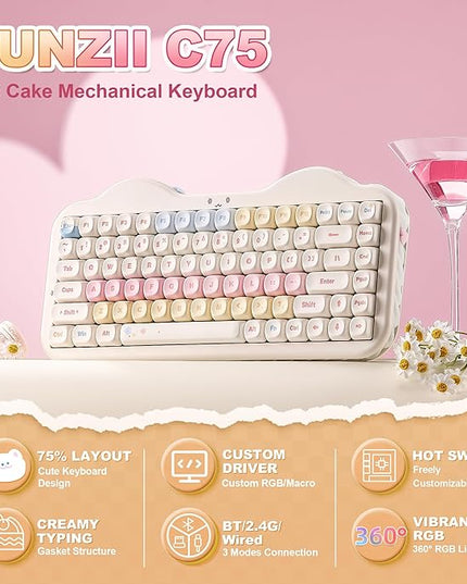YUNZII C75 Wireless Mechanical Keyboard,75% Layout, Hot-Swappable NKRO,BT5.0/2.4G/USB-C Mode,Dye-Sub PBT MOA Keycaps,RGB Gasket Mount,Cute Cake Design for Mac/Win/Gaming (Beige, Milk V2 Switch)