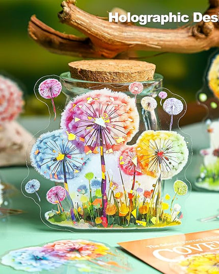 AuriicLeaf Dandelion Floral PET Stickers Set, 60PCS Holographic Botanical Flower Stickers for Scrapbooking, Journaling, DIY Crafts, and Art Supplies