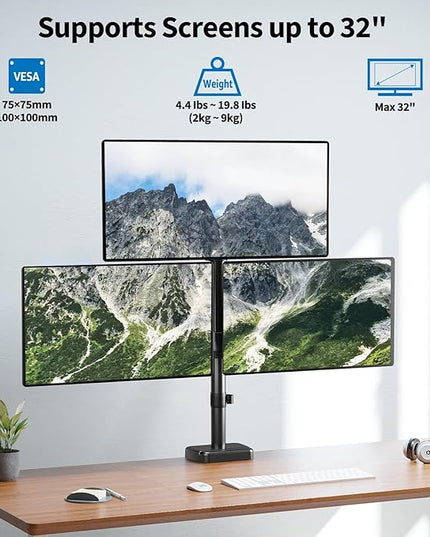 Triple Monitor Mount Fits Max 32" Computer Screen, Holds up to 17.6lbs Each Arm, 3 Monitor Desk Mount, Triple Stand with Tilt Swivel Rotation, VESA Mount 75/100mm
